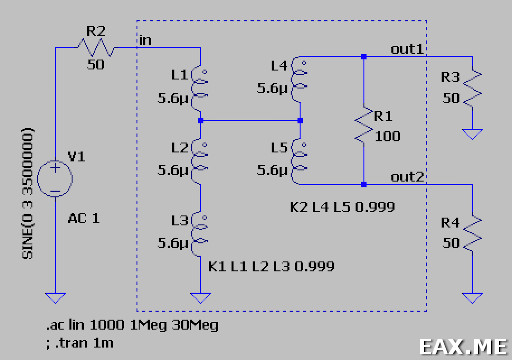Схема делителя/сумматора на 1-30 МГц в LTspice