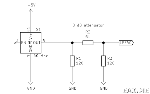Схема апконвертера: генератор 40 МГц и аттенюатор