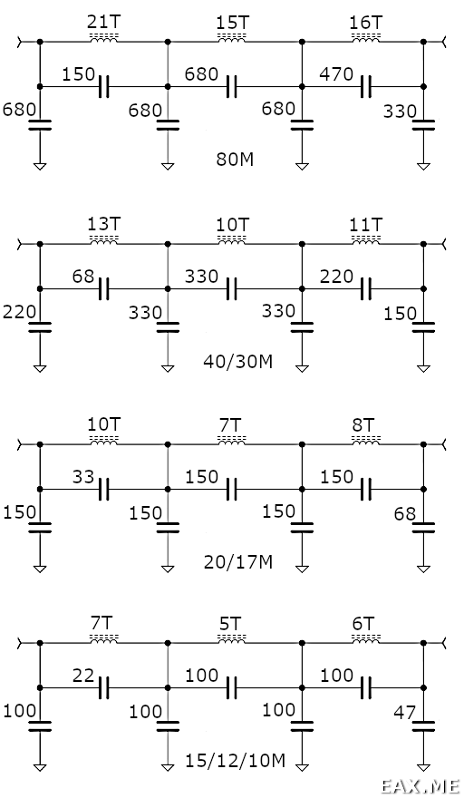 Схема эллиптических ФНЧ на все КВ-диапазоны