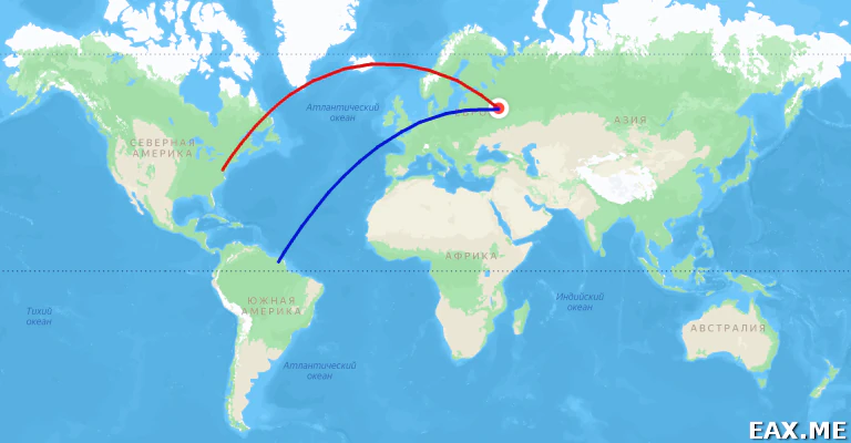 Ортодромы на карте в проекции Меркатора