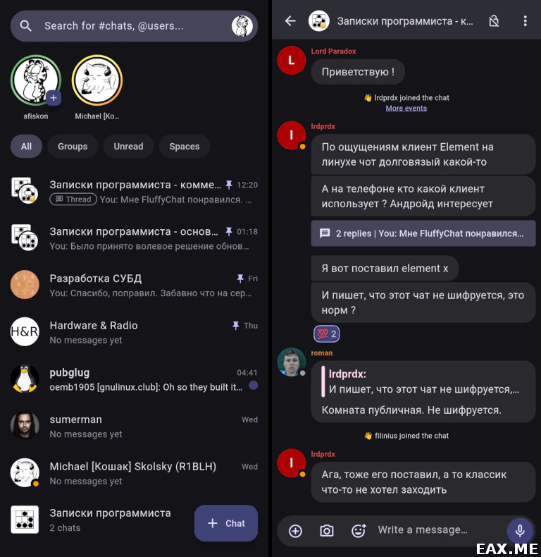 Интерфейс FluffyChat на Android